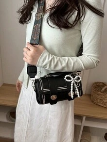 1 pieza Bolso de mano cilíndrico mini retro para mujer, de uso diario (con accesorio de peluche) - Negro - Ver 4