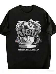 Schwarzes Herren-T-Shirt mit Engelsprint, Premium-Baumwolle, lockere Passform, bequemer Schnitt, l?ssiges Design - Schwarz - Übersicht 1