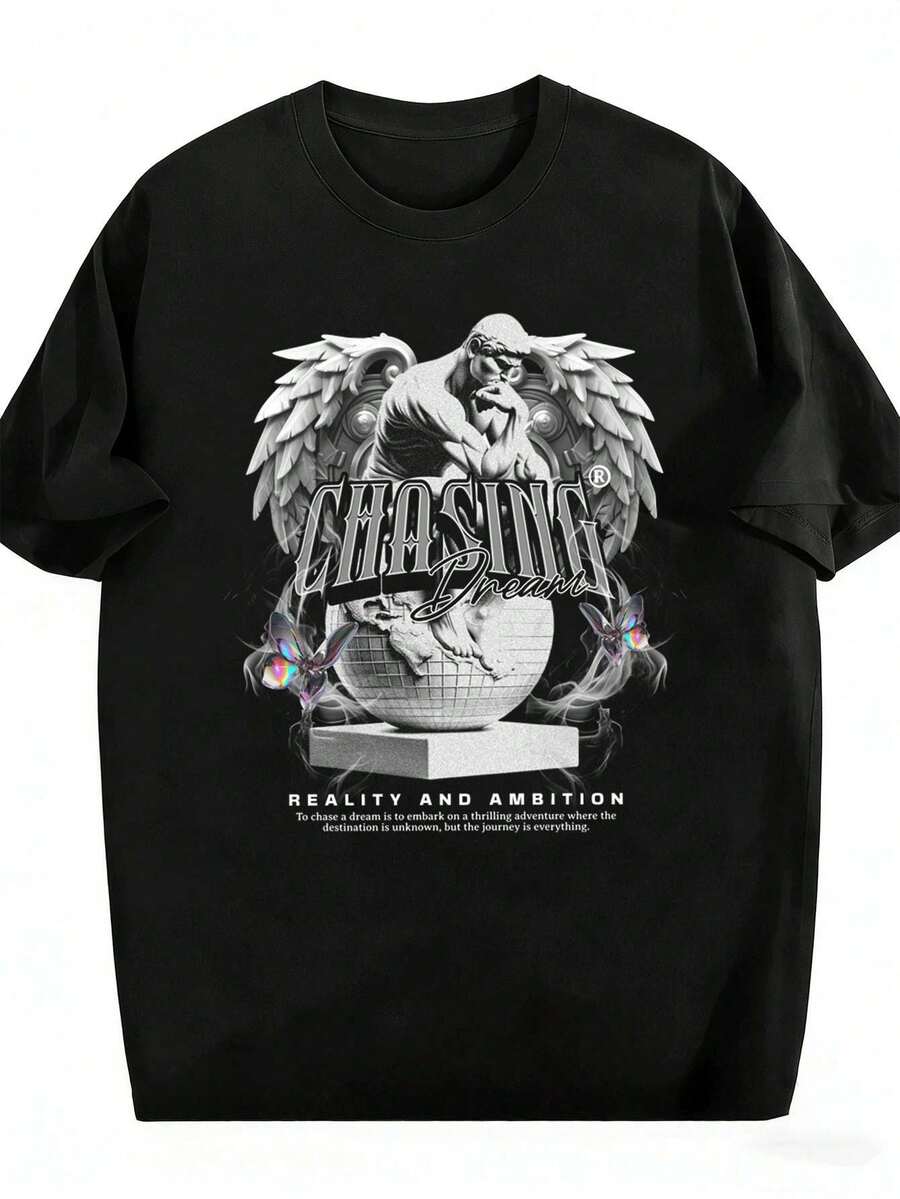 Schwarzes Herren-T-Shirt mit Engelsprint, Premium-Baumwolle, lockere Passform, bequemer Schnitt, l?ssiges Design - Schwarz - Übersicht 1