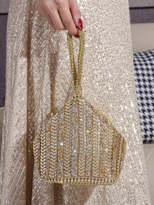 Women's Sparkling Rhinestone Decorated Evening Clutch Bag, Unique Shape Handbag For Gala, Party, Formal Dress Accessory - Gold - View 2