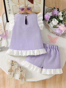 2pcs/Set Girls Casual Bowknot Ruffle Solid Color Soft Comfortable Woven Fabric Sleeveless Top And Shorts Set, Suitable For Outdoor Wear, Spring/Summer - Purple - View 2