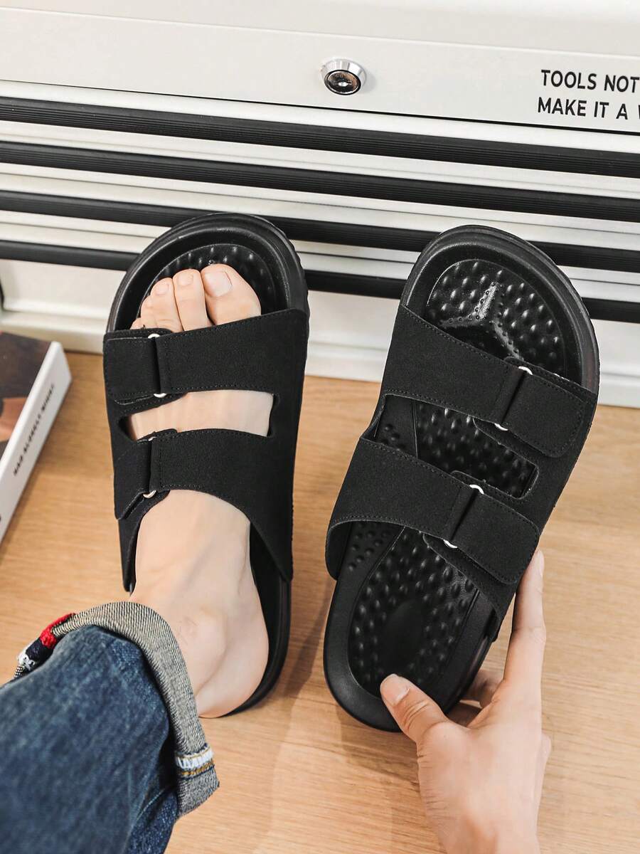 Unisex Luxury Soft Sole Mule Slippers, Retro Hook And Loop Casual Beach Slides - Black - View 1