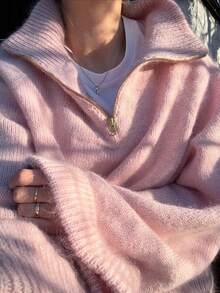 Senya 2026 Women's Pink Half-Zip Knit Sweater, Soft Comfortable Long Sleeve Pullover With Turn-Down Collar, Preppy Casual Loose Fit, Autumn/Winter Everyday Top - Pink - View 2