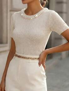 Elestia 女士珍珠装饰船领短袖上衣，简约优雅休闲派对通勤度假外出毛衣，春夏秋季 - 杏色 - 查看 3