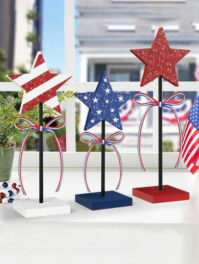 3件套7月4日爱国木质星形桌面装饰，红白蓝闪光星条桌面摆件，带蝴蝶结，美国国旗多层托盘中心装饰品，适用于独立日、阵亡将士纪念日家庭聚会装饰