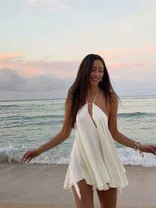 女士度假沙滩性感纯色露背吊带迷你连衣裙派对优雅白色夏季 - 白色 - 查看 4