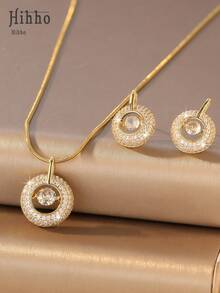 Hihho 3pcs/Set Elegant Floating Stone Dynamic Hoop Necklace & Earrings Set, Sparkling Zirconia Versatile Accessory Suitable For Work, Birthday & Holiday Gift For Girlfriend - Jewelry Set - View 4