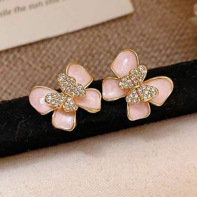 1对简约优雅甜美柔和几何蝴蝶设计玻璃镶嵌独特百搭休闲日常佩戴耳环，女士款