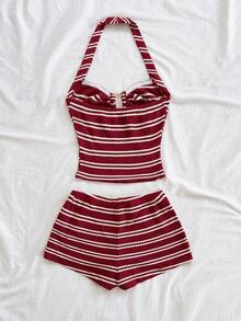 Conjunto Casual de 2 Piezas para Mujer: Top Halter a Rayas y Shorts para Vacaciones - Multicolor 10 - Ver 2