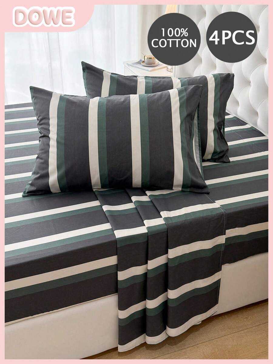 Bộ chăn ga gối 4 món 100% cotton, dễ giặt ủi, mềm mại và thân thiện với da, bao gồm 1 ga trải giường, 1 ga bọc nệm, 2 vỏ gối, thoáng khí, mang lại giấc ngủ thoải mái, phong cách tối giản, món quà tuyệt vời dành cho bố mẹ và bạn bè. - Nhiều màu - Xem 1