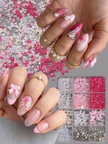 QIANJIKU 12pcs Mixed 3D Bowknot Flower Nail Art Decorations, Pink & White Sakura Resin Bows, Pearl & Rhinestone, Delicate Spring Style Nail Art Accessories Set, 3D Bowknot, Sakura Flowers, Pearl & Rhinestone Decor - Multicolor - View 5