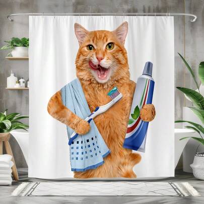 1pc 2D Planar Shower Curtain Funny Orange Tabby Cat Shower Curtain Novelty Bathroom Decor Humorous Feline Design Washable Waterproof Fabric Decorative Home Accessory Perfect Gift Idea Bathroom Essential Stylish Modern Theme