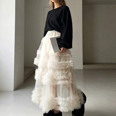 Women's Tiered Ruffle Tulle Maxi Skirt, Elastic High Waist A-Line Fluffy Mesh Long Tutu Skirt, Casual Fairy Cake Layered Skirt For Party Streetwear,Elegant,Birthday