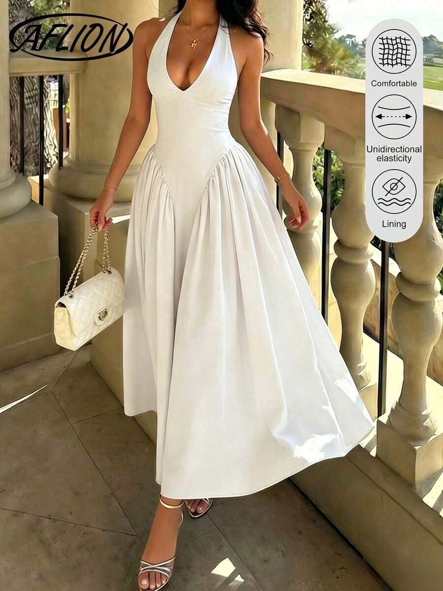 Aflion 女士白色吊带V领高腰A字连衣裙，露背系带设计，Y2K风格甜美少女夏季海滩度假派对晚礼服