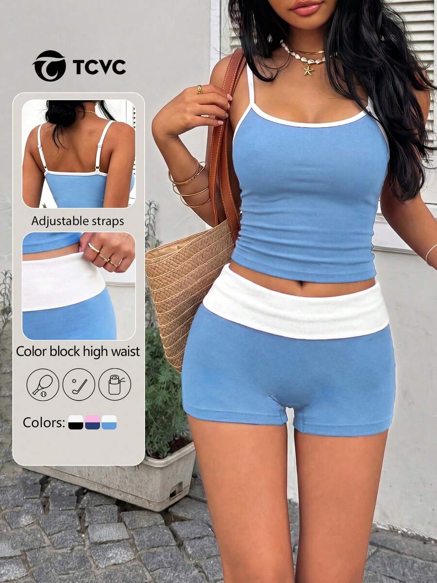 TCVC 2026 Summer New Seamless Contrast Color Casual Sports Tank Top And Shorts Set, Retro Chic Navy Blue And Pink Trim Design, Adjustable Spaghetti Straps, Tummy Control And Butt Lifting Tight Shorts, High Stretch Soft Knit Fabric, Versatile For Beach, Pool, Outdoor, Daily Wear