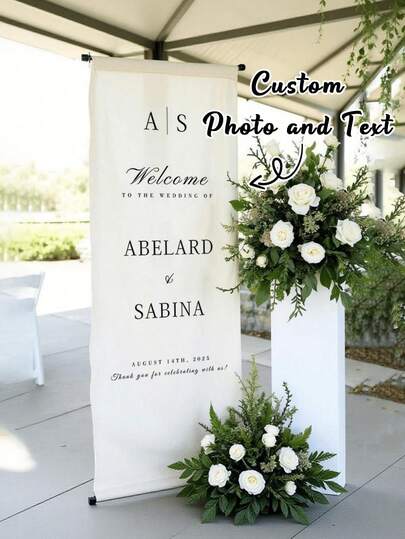 1 pieza Pancarta de boda personalizada - Foto/Nombre/Fecha/Texto personalizado de la novia y el novio - Instalación fácil, decoración de boda personalizada elegante, 3 tamaños, regalo de boda perfecto, adecuado para césped, jardín, sala de estar, fiesta de cumpleaños, despedida de soltera, diseño sofisticado, sin necesidad de energía, adecuado para boda, fiesta de compromiso, aniversario, textura suave, uso interior y exterior, tela de poliéster duradera