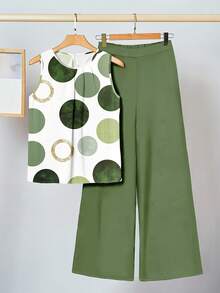 Women's Loose Fit Two Piece Outfit, Round Neck Sleeveless Top & High Waist Wide Leg Pants Set, Spring Summer Set For Home Leisure, Street Wear, Outdoor Activities & Daily Wear - 綠色 - 查看 1