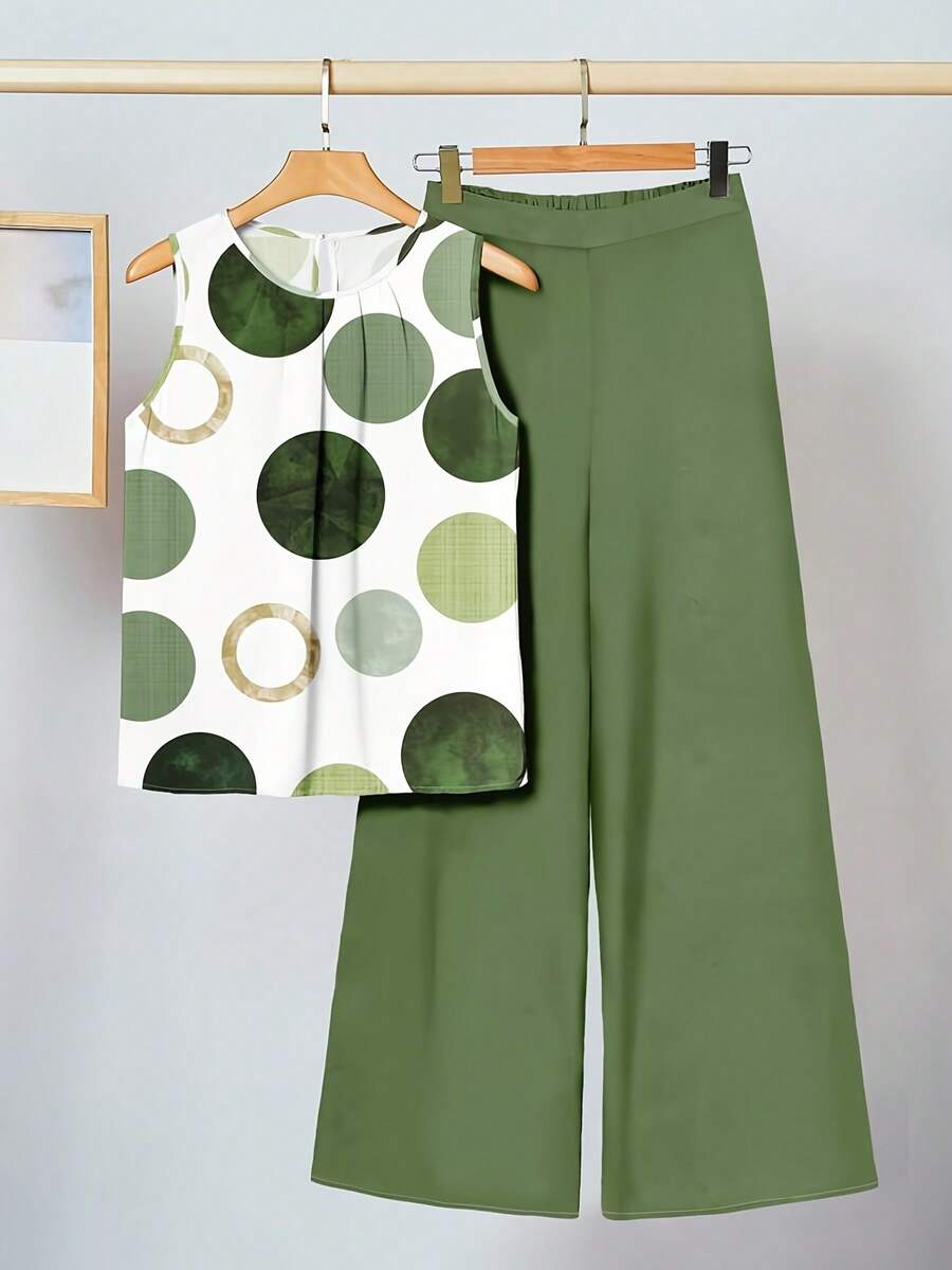 Women's Loose Fit Two Piece Outfit, Round Neck Sleeveless Top & High Waist Wide Leg Pants Set, Spring Summer Set For Home Leisure, Street Wear, Outdoor Activities & Daily Wear - 綠色 - 查看 1