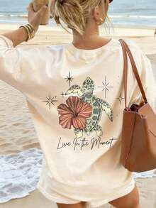Camiseta de Verano para Mujer con Estampado de Tortugas, Flores y Letras, Estilo Casual, Holgada, Cuello Redondo, para Vacaciones en la Playa - Estilo Vintage Urbano, Unisex, de Algodón, Manga Corta, Cuello Redondo, blusas para mujer, playeras de mujer, blusas casuales para dama. - Albaricoque - Ver 2