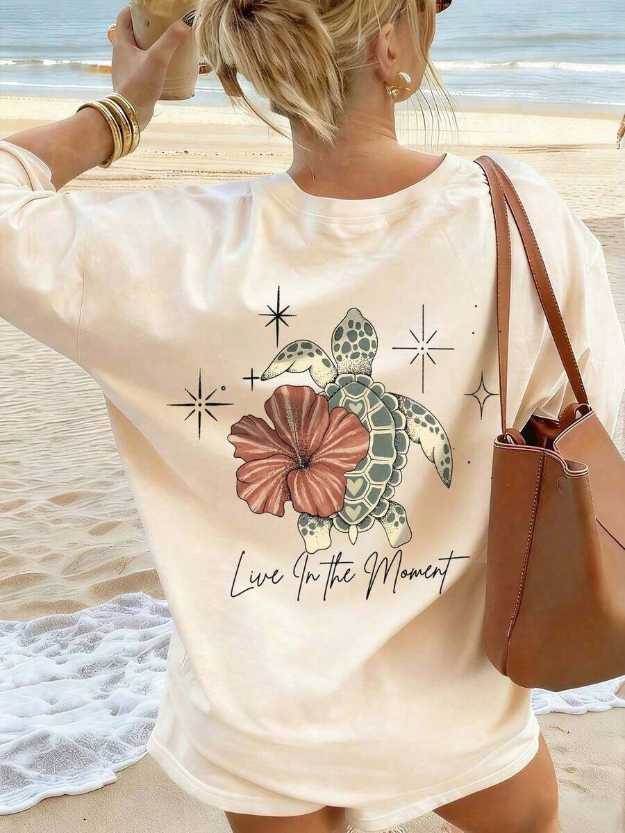 Camisetas de Verano para Mujer con Estampado de Tortuga Marina, Floral y Letras, Elegantes, Casuales, de Cuello Redondo, Talla, para Vacaciones en la Playa|Moda Urbana Local de Primavera/Verano||Uso Casual Diario Primavera Verano Moderno Moldeador|Conjunto de verano para mujer, ropa para vacaciones|Blusas elegantes para mujer, ropa de primavera, blusas de verano. - Negro - Ver 1