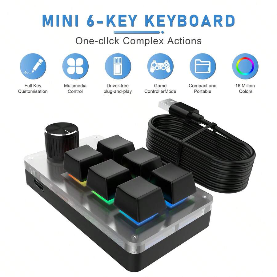 YAIUZGOO Kit DIY de teclado mecánico mini programable con perilla de volumen, operación de una sola tecla, diseño acrílico de 6 teclas, teclas de acceso directo retroiluminadas y control multimedia, atajos personalizables, conexión USB Tipo-C. Diseño de teclado modular adecuado para juegos, oficina, música, control industrial - 6 teclas - Ver 1