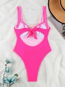 Traje de baño body elegante y sexy de cuello en V rojo, de llegada nueva primavera/verano de Polovedo, para playa, fiesta, cita, vacaciones - Rosa - Ver 3