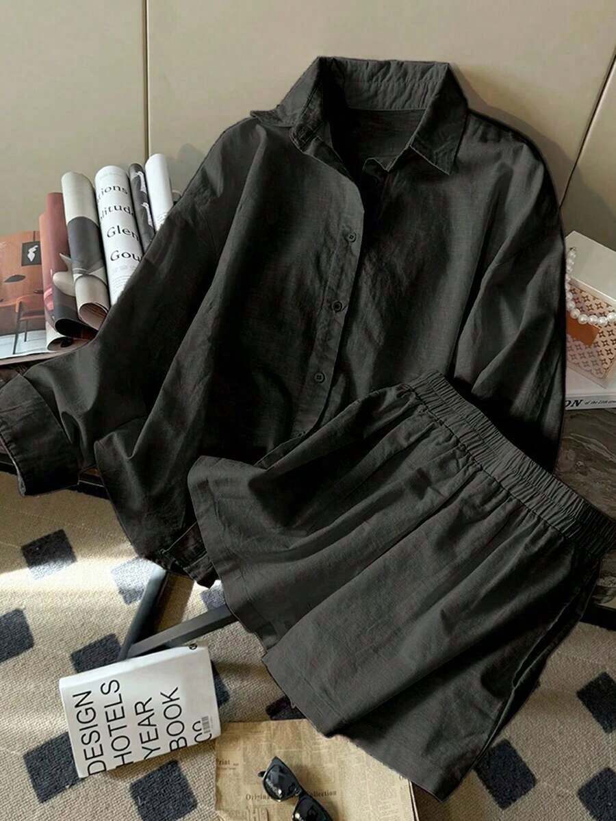 Set de 2 piezas de top de manga larga holgado de lino y pantalones cortos de mujer de moda casual y simple - Negro - Ver 1