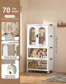 70CM/ 27.55in Clear Door Foldable Wardrobe Storage Cabinet With Wheels, Stackable Multi-Tier Closet Organizer, Durable Clothes Storage Solution For Home & Dorm - White - View 10