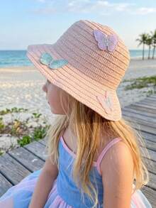 1pc Rainbow Butterfly Pink Straw Sun Hat For Little Girls, Summer Breathable Beach/Outdoor Vacation Hat, Fits Kids Ages 3-8 - 1PC - View 10