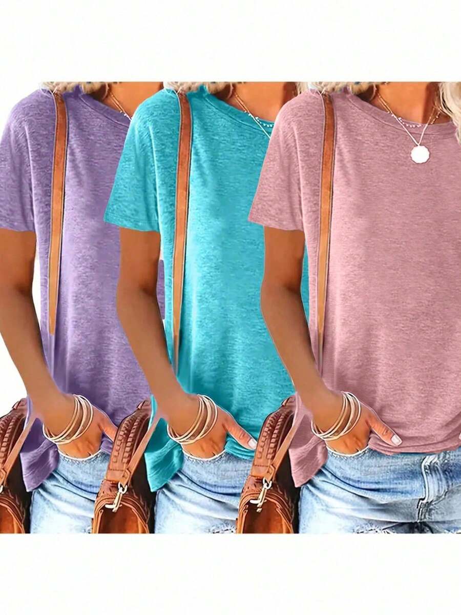 3 piezas Camisetas casuales holgadas de manga corta y cuello redondo de unicolor talla grande, aptas para uso diario y en el hogar en primavera/verano, lavables a máquina