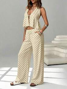 2 piezas Conjunto casual de vacaciones para mujer con top halter sin espalda y pantalones en color caqui tejido - Multicolor 4 - Ver 5