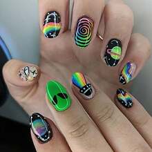 24 móng tay giả dán theo chủ đề không gian vũ trụ, UFO, hành tinh, tên lửa, người ngoài hành tinh, ngôi sao, họa tiết cầu vồng, hình phi hành gia ngắn dễ thương. - Nhiều màu - Xem 7
