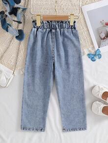 Jeans casuales y lindos para niñas, de tela de mezclilla, con cintura elástica, patrón de bordado floral, diseño bordado, jeans bordados de estilo juguetón - Azul - Ver 5