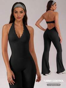 Women's Halter Neck Yoga Jumpsuit Lace Patchwork V Neck Removable Pads Hollow Out Backless, Sleeveless Tummy Control Casual Solid Color High Stretch Workout Utitard One Piece Jumpsuit For Y2K Yoga Gym Sports Dailywear, Ladies Sportswear All Seasons - 黑色 - 查看 1