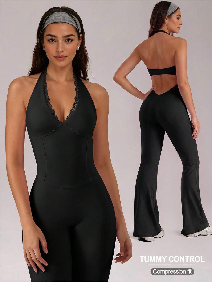 Women's Halter Neck Yoga Jumpsuit Lace Patchwork V Neck Removable Pads Hollow Out Backless, Sleeveless Tummy Control Casual Solid Color High Stretch Workout Utitard One Piece Jumpsuit For Y2K Yoga Gym Sports Dailywear, Ladies Sportswear All Seasons - 黑色 - 查看 1