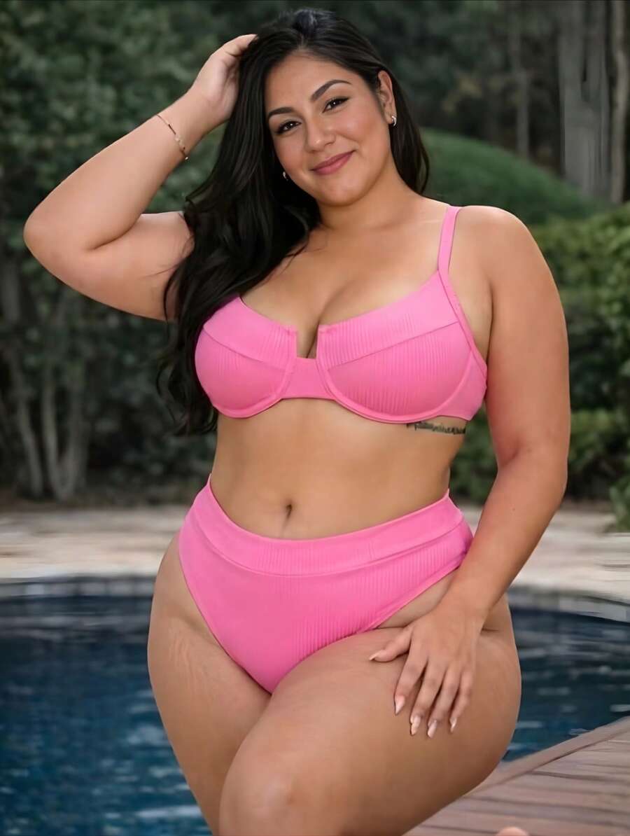 Plus Size Half Cup Bikini Set With High Waist And Adjustable Ties - Ana Ruga Women's - Rose Azalea - View 1