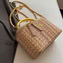 1pc Minimalist Casual Versatile Woven Straw Lunch Box Bag, Small Chain Shoulder Crossbody Bag, Popular Seasonal Gift - 米色 - 查看 11