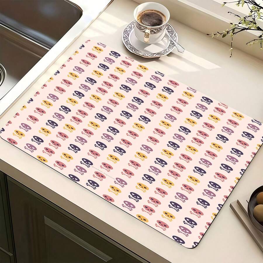 1pc Colorful Skull Pattern Multipurpose Absorbent Mat, Polyester Waterproof Countertop Protector Pad For Kitchen, Dining Table, Dish Drying, Washing Machine, Bathroom, Coffee Machine, Kitchen Accessories, Party Supplies - Retro Floral - View 1