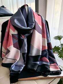 Floral Print Scarf Shawl, Casual Polyester Fiber Wrap, Suitable For All Seasons - Black Border - View 7