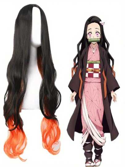 Tóc giả cosplay anime - Màu đen và cam chuyển sắc, dài, xoăn, không cần keo dán, có mũ lưới cài, kiểu tóc xoăn, sợi chịu nhiệt.