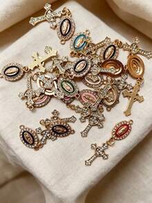 10/20pcs Cross DIY Zinc Alloy Drip Oil Jewelry Accessories, Virgin Mary Rhinestone Double Pendant, Bracelet, Keychain, Decoration - Multicolor - View 5