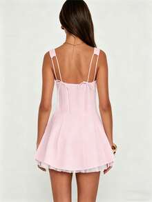 Women's Flower Embroidery Boho Mini Dress Backless Self-Tie Bowknot Square Neck Wide Straps Ruffle Mini Dresses Sleeveless Summer Vacation Short A-Line Dress - 粉色 - 查看 4