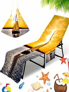1pc Boat Pattern Beach Chair Cover Towel Set - Modern Style Polyester Fabric Pool Lounge Chair Cover With Convenient Pocket - Lightweight Quick-Dry Towel Essential For Swimming, Camping, Picnicking - Multicolor - View 12