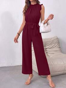 Women's Jumpsuit Summer Sleeveless Pleated Mock Neck Belt Pockets Wide Leg Pants Jumpsuit - Burgundy - View 2