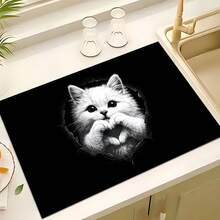 1pc Cute Cat Pattern Printed Absorbent Dish Drying Mat, Home Decor, Suitable For Espresso Machine, Sink, Faucet, Bathroom, Kitchen Accessories - Multicolor - View 3