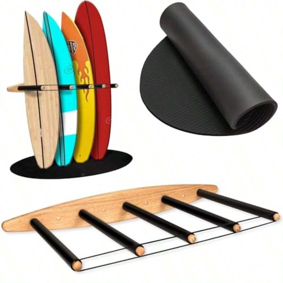 AEstante vertical para tablas de surf de 11 pies estante de madera para tablas de surf con alfombrilla de goma estante de surf vertical estante para tablas de surf para pared estantes de - Madera y negro - Ver 1