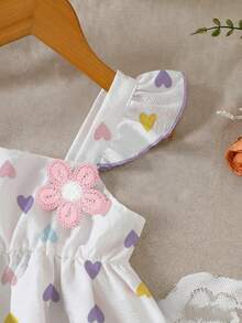 Conjunto de 2 piezas de niña joven con top de manga abullonada con estampado de corazón y flores 3D + shorts con volantes en el bajo para primavera/verano - Morado - Ver 5