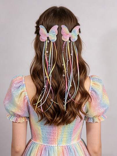 2pcs/Set Butterfly Shaped Hair Clips, Rainbow Ombre Glitter Alligator Clips With Elegant Ribbon/Pearl Chain, Graceful Gift Hair Accessories For Teenage Girls