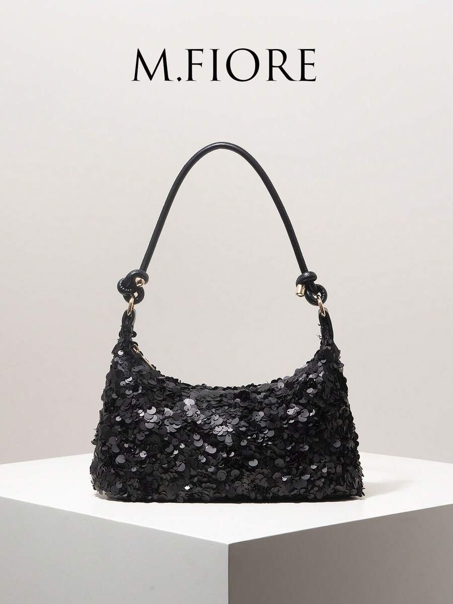(Random Pattern) Women's Sequin Shoulder Bag, Elegant Party Clutch, Wedding Accessories, Gift For Her - Black - View 1