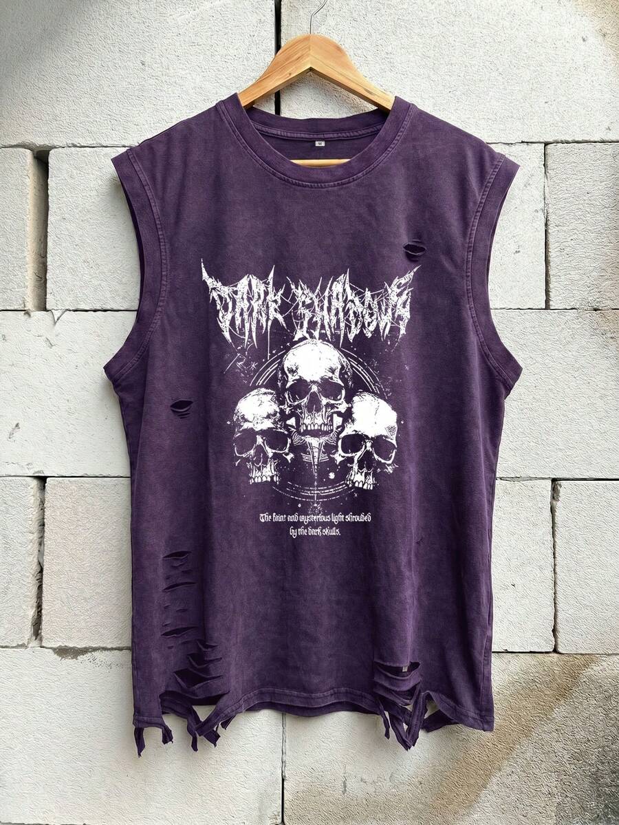 Minimalist Vintage Dark Wash Distressed Sleeveless Tank Top For Men - Purple - View 1